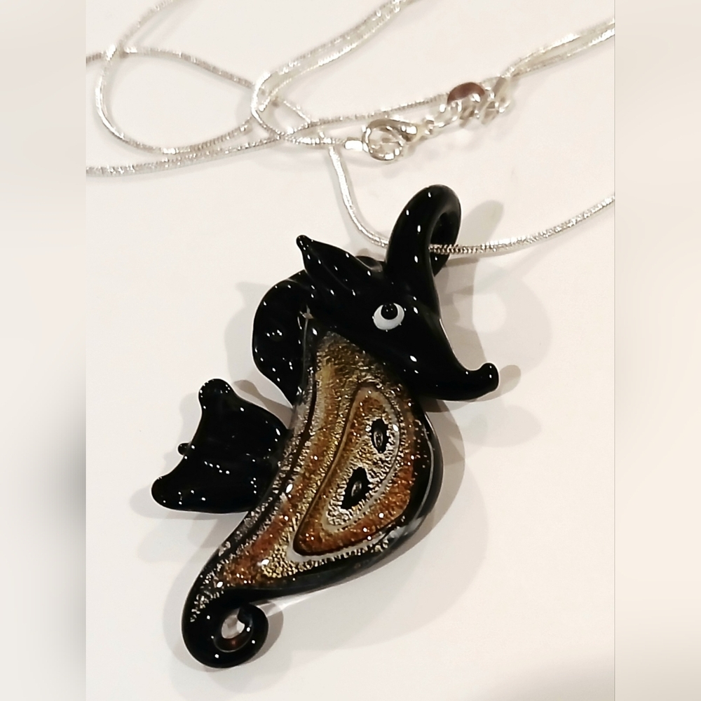Elegant Black and Gold Blown Glass Seahorse Pendant Necklace